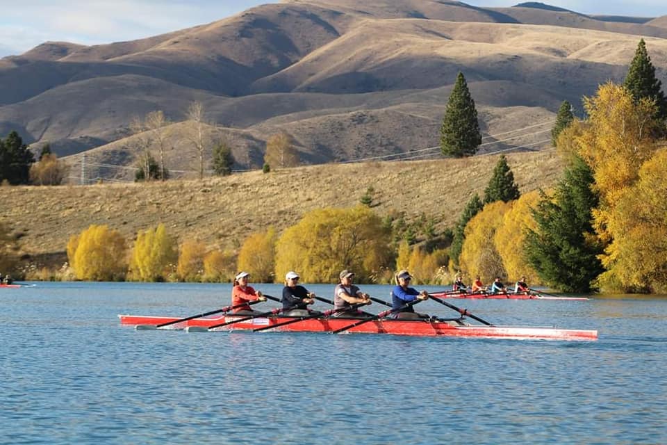 rowing, New Zealand rowing, women quad, autumn rowing, sculling boat on lake