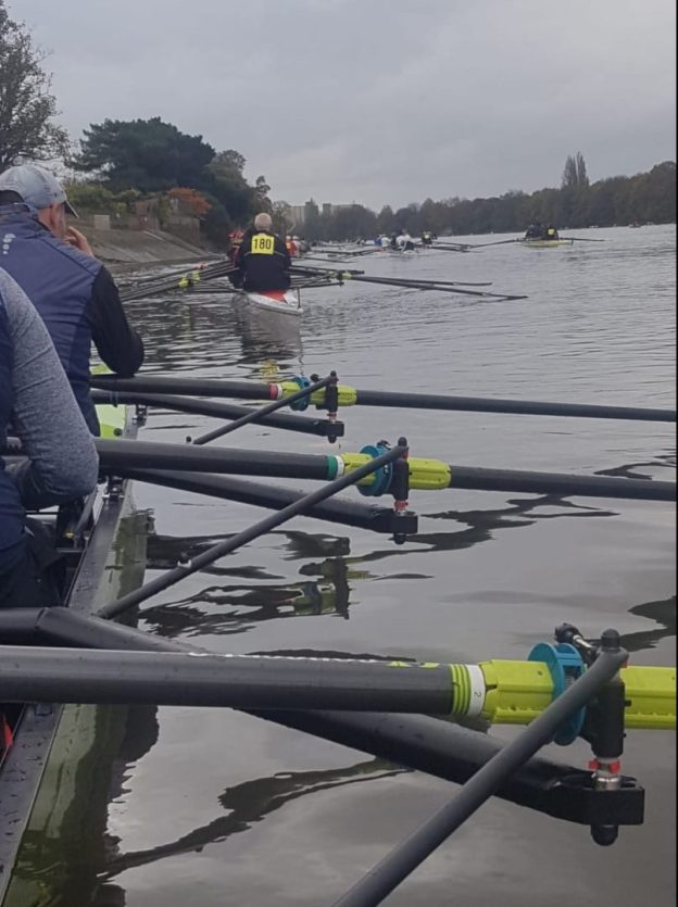 rowing crews waiting to start racing in London at the Head of the River