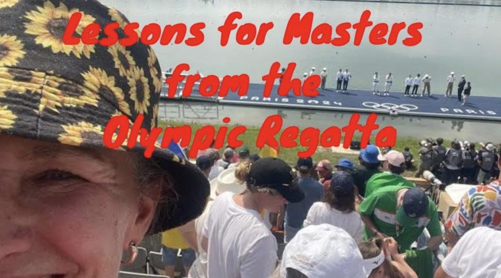 Rebecca Caroe at Paris Olympic regatta. the lake and medal ponoon in the background