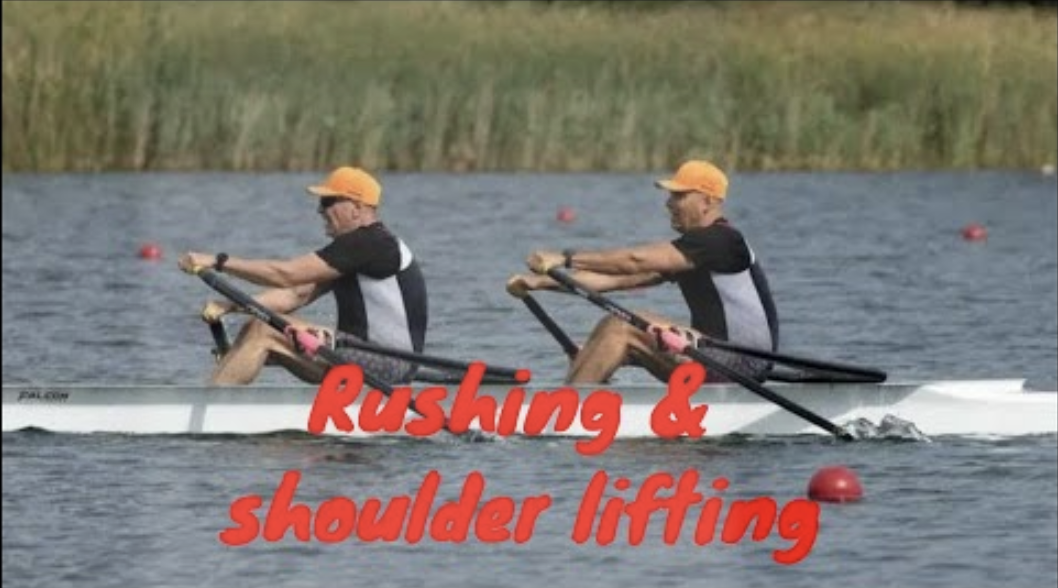 two men in a rowing double scull wearing yellow hats